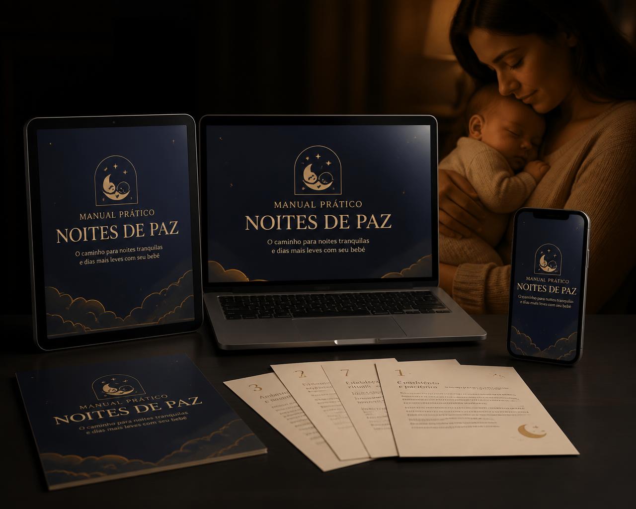 Manual Prático Noites de Paz exibido em iPad, notebook, iPhone e páginas impressas